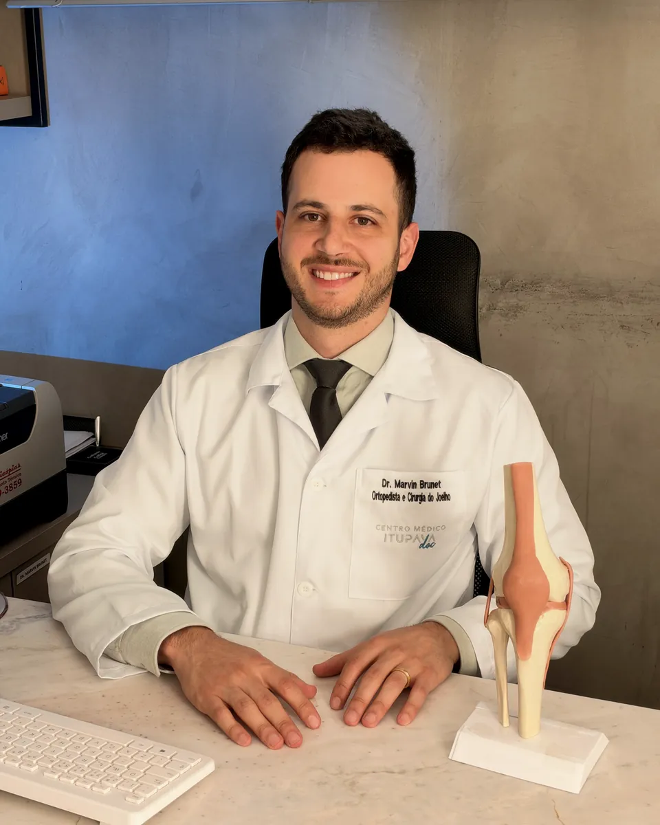 Dr. Marvin Durante Brunet no consultório, ao lado de um modelo anatômico do joelho